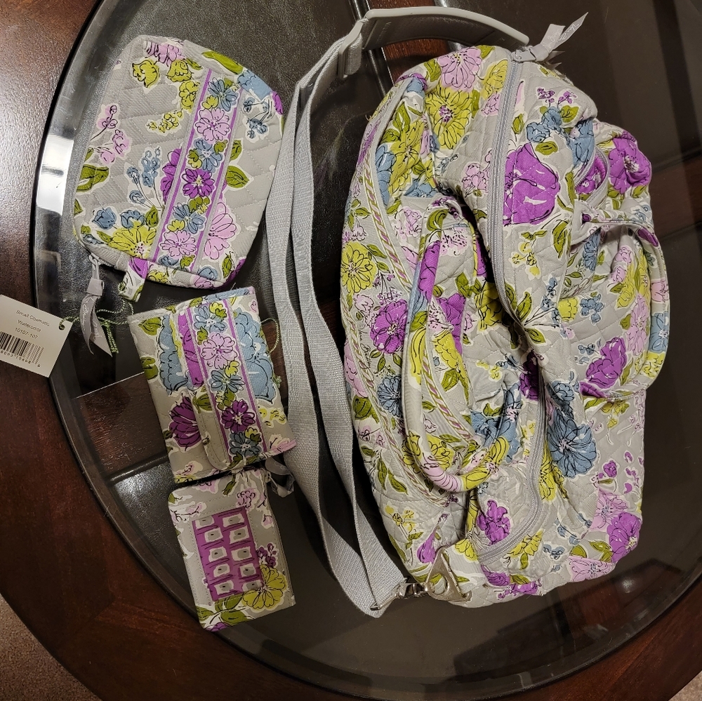 Vera Bradley overnight bag with cosmetic bag, wristlet, and wallet